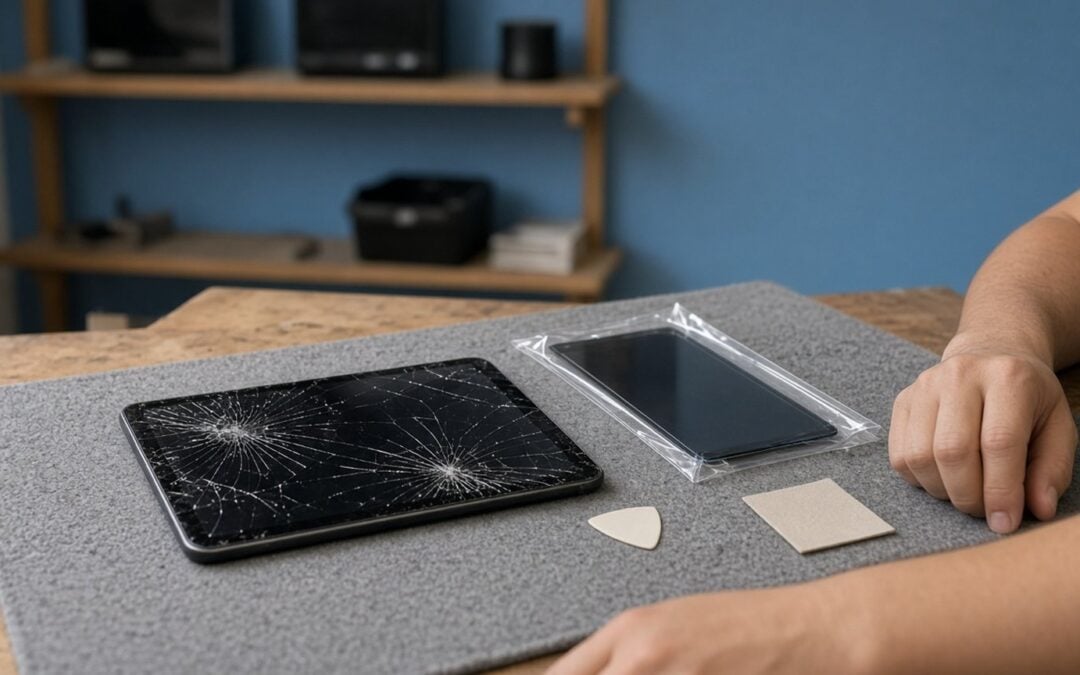 Cracked iPad on a repair mat next to a replacement screen