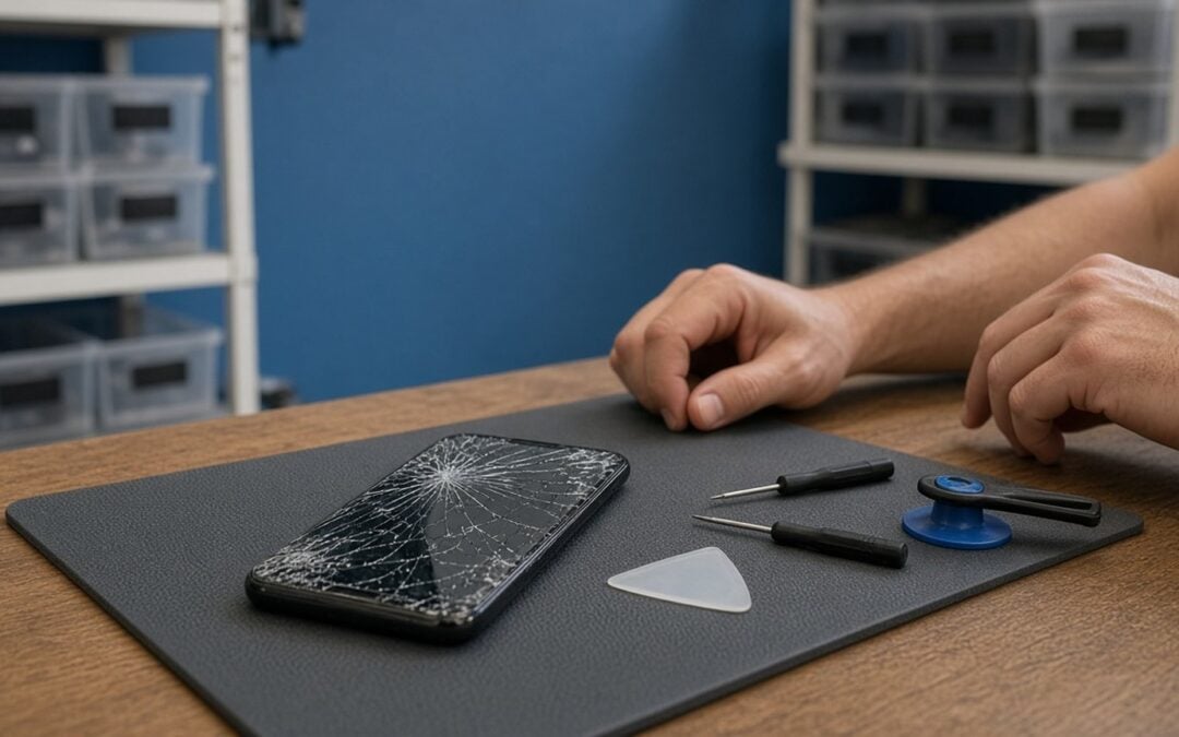 Cracked iPhone on a repair mat with screen-repair tools on a workbench