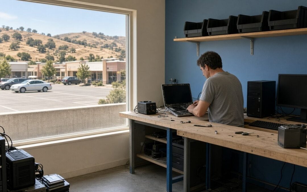 Technician working at a computer repair bench in a local shop