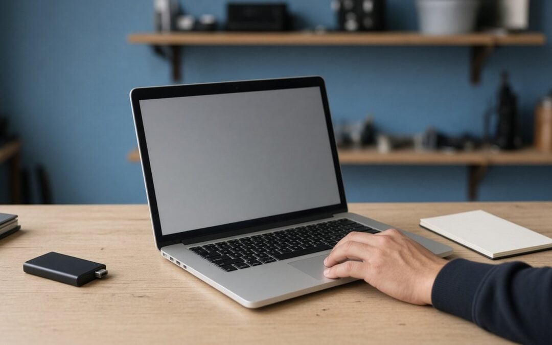 MacBook on a workbench with a USB drive, ready for a malware scan