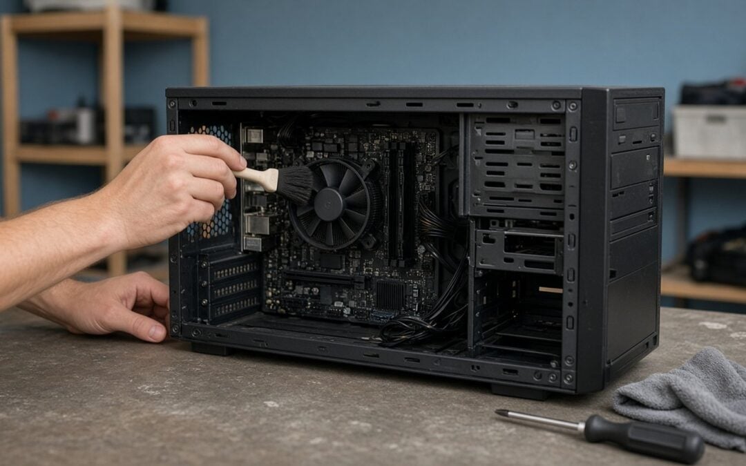 Technician cleaning dust from the inside of a desktop PC during a tune-up