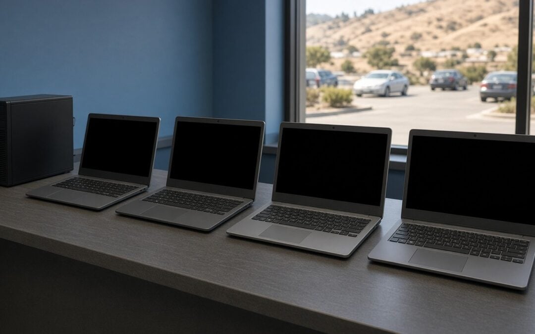 Row of refurbished laptops and a desktop tower on a counter in a repair shop